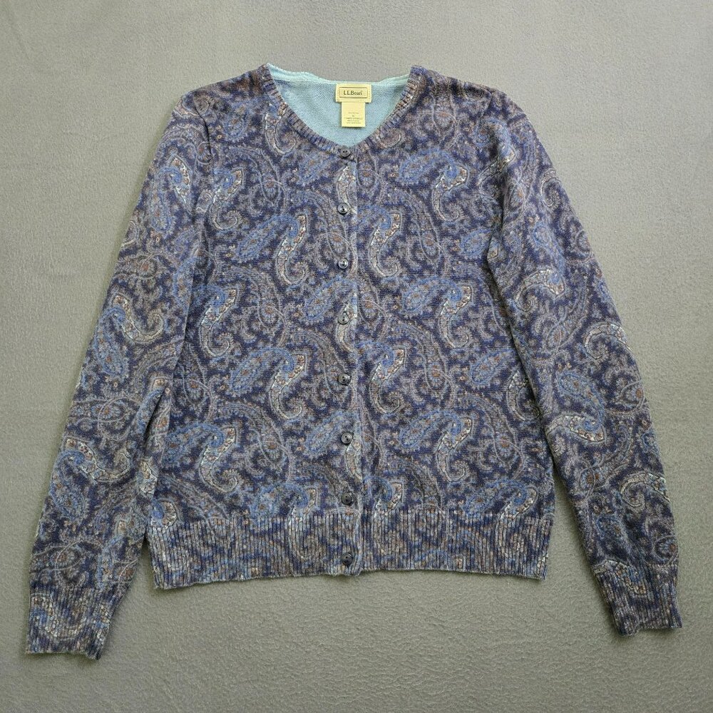 L.L. Bean Women S Blue Paisley Button Up Cardigan Sweater 100% Cotton